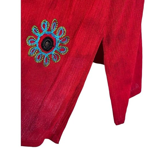 Retro Crinkle Floral Shirt 1X Red Embroidery Artsy 80s Ribbed Preppy Classic 80s - Picture 5 of 12